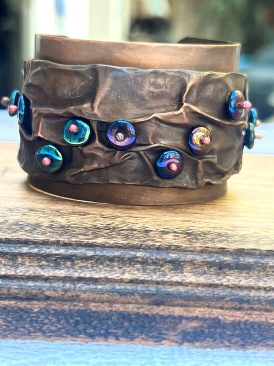 Handcrafted Jewelry - Stunning Handcrafted Beaded Copper Cuff Bracelet With Iridescent Glass Accents